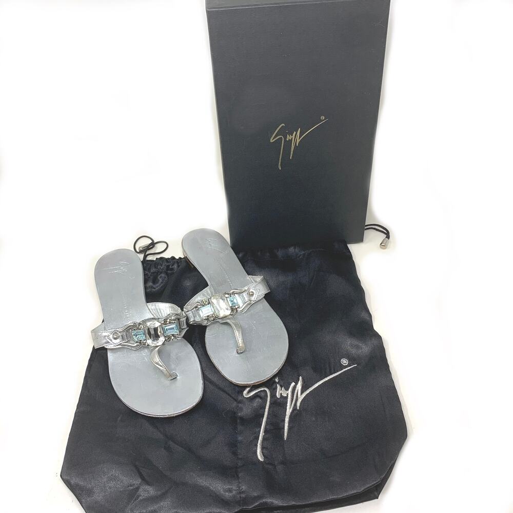 Giuseppe Zanotti Rock 10 Silver Mirror Leather Crystal Sandals Sz 7 Box Italy - Picture 2 of 10